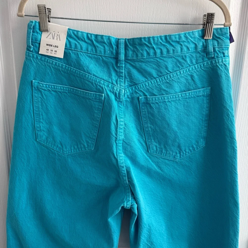 NWT ZARA Full Length High Waist Wide Leg Turquoise Jeans Five Pocket Size 10 - Picture 12 of 17